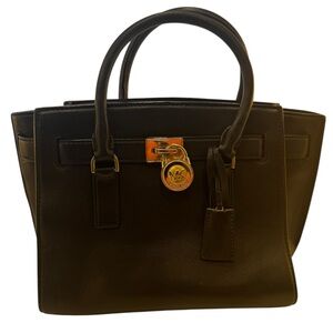 Michael Kors Hamilton Black Leather Satchel with Gold Hardware
